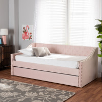 Baxton Studio CF9228 -Pink Velvet-Daybed-TT Baxton Studio Raphael Modern and Contemporary Pink Velvet Fabric Upholstered Twin Size Daybed with Trundle